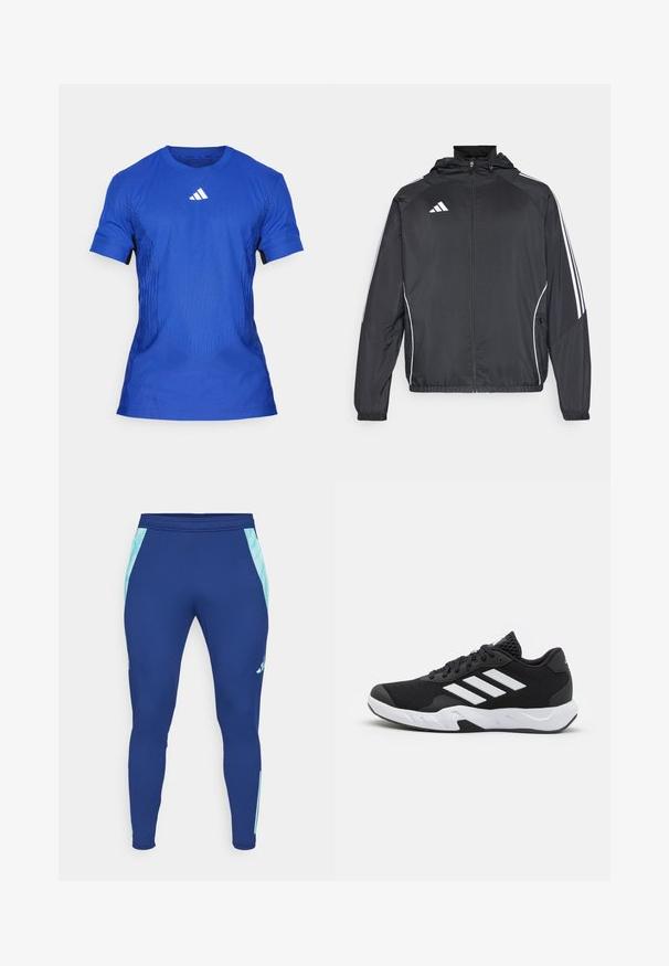 Schwarze Sportjacke mit Kapuze, ausgestattet mit weißen Streifen an den Ärmeln und einem Reißverschluss vorne. Hergestellt aus einem glatten, leichten Stoff.; Blaues sportliches T-Shirt mit kurzen Ärmeln, strukturiertem Muster und schwarzen Akzenten. Verfügt über einen Rundhalsausschnitt und ein weißes Logo auf der Brust.; Marineblaue Sportleggings aus dehnbarem Material, mit hellblauen Seitenpanelen und einer taillierten Passform sowie einem schmalen Bündchen am Knöchel.; Schwarze Sportschuhe mit einem strukturierten Mesh-Obermaterial, weißen Akzentstreifen, einer gepolsterten Sohle und einer verstärkten Ferse für Unterstützung.