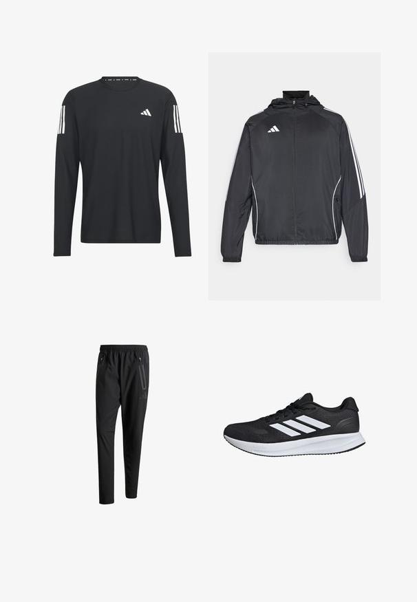 Black athletic jacket with a hood, featuring white stripes along the sleeves and a zippered front. Made from a smooth, lightweight fabric.; Black long-sleeve shirt made of lightweight fabric featuring a round neck, textured surface, and white three-stripe logo on the sleeves.; Black athletic pants with an elastic waistband, two zippered side pockets, tapered legs, and a subtle logo detail on the hip.; Black athletic shoe with white stripes, mesh upper, cushioned sole, and textured accents. Features a lace-up design and brand logo on the tongue.