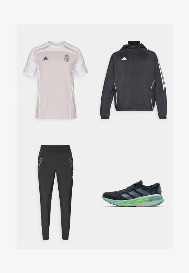 Svart sportsjakke med hette, med hvite striper langs ermene og glidelås foran. Laget av et glatt, lett stoff.; Grå atletisk skjorte med korte ermer, hvite detaljer, Adidas-logo og Real Madrid-emblem på venstre bryst. Lettvektig stoff.; adidas Performance REAL MADRID TIRO25 PRO VIS TECH TRAVEL PANT - Klubbklær - black/lucid lemon; Svart og blå atletiske sko med mesh-overdel, tre hvite striper, grønn gjennomsiktig såle og merkbare teksturerte mønstre. Lett design.