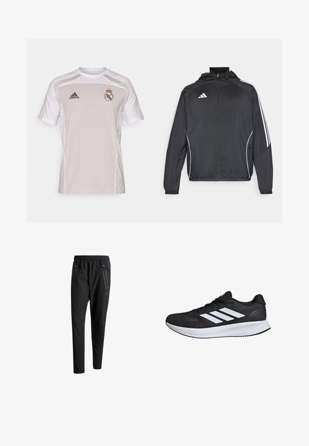 Black athletic jacket with a hood, featuring white stripes along the sleeves and a zippered front. Made from a smooth, lightweight fabric.; Gray athletic shirt featuring short sleeves, white accents, the Adidas logo, and Real Madrid emblem on the left chest. Lightweight fabric.; Black athletic pants with an elastic waistband, two zippered side pockets, tapered legs, and a subtle logo detail on the hip.; Black athletic shoe with white stripes, mesh upper, cushioned sole, and textured accents. Features a lace-up design and brand logo on the tongue.