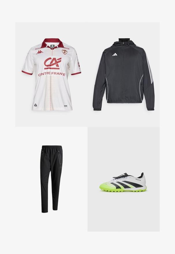 Čierna športová bunda s kapucňou, ktorá má biele pruhy pozdĺž rukávov a zips v prednej časti. Vyrobená z hladkej, ľahkej tkaniny.; Biela futbalová dres s vínovými akcentmi, s límcom, tímovými logami a textúrovaným vzorom na prednej strane. Materiál vyzerá ako priedušný.; Čierne športové nohavice s elastickým pásom, dvoma bočnými zipsovými vreckami, zužujúcimi sa nohavicami a nenápadným detailom loga na bokoch.; Biele a čierne futbalové kopačky s neonovými zelenými akcentmi. Textúrovaný zvršok, čierne pruhy a tvarované kolíky na kontrastnej žiarivej podrážke.