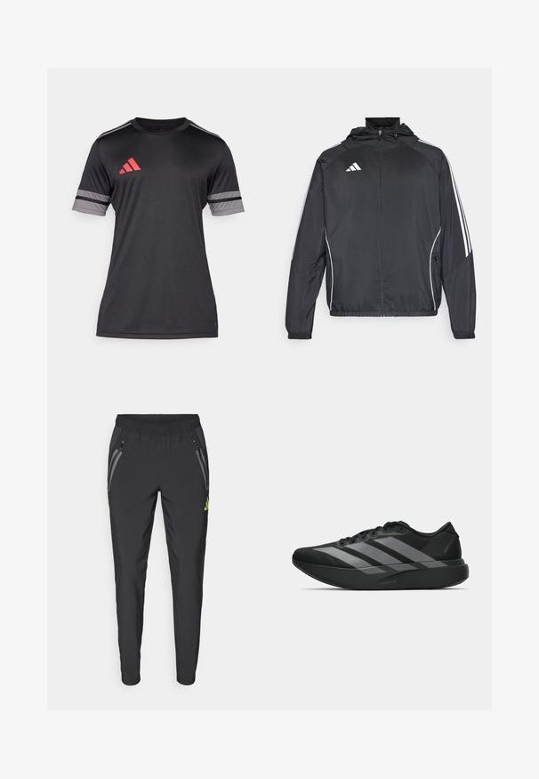 Svart idrottsjacka med huva, med vita ränder längs ärmarna och dragkedja framtill. Tillverkad av ett mjukt, lätt material.; Svart atletisk t-shirt med korta ärmar, med röda och grå detaljer. Tillverkad av ett slätt, lätt material. Adidas-logotyp på bröstet.; adidas Performance REAL MADRID TIRO25 PRO VIS TECH TRAVEL PANT - Klubbkläder - black/lucid lemon; Svarta träningsskor med en lätt design, som har tre framträdande grå ränder, en slät yta och en formad sula.