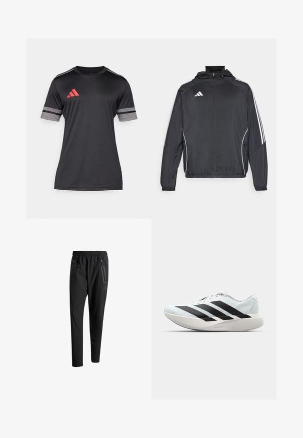 Juodas sportinis džemperis su kapišonu, turintis baltas juosteles palei rankoves ir užtrauktuką priekyje. Pagamintas iš lygaus, lengvo audinio.; Juoda sportinė marškinė su trumpomis rankovėmis, su raudonais ir pilkais akcentais. Pagaminta iš lygaus, lengvo medžiagos. Adidas logotipas ant krūtinės.; Juodi sportiniai šortai su elastiniu juosmeniu, dviem užtrauktukais šoniniais kišenėmis, siaurėjančiomis kojomis ir subtiliu logotipo detaliu ant klubo.; Lengvi bėgimo batai šviesiai mėlynos spalvos su juodomis juostelėmis. Yra lygus viršus, apvalus pirštas ir storas baltas vidpadis su užrašu "LIGHTSTRIKE PRO."