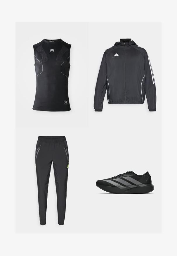 Czarna sportowa kurtka z kapturem, z białymi paskami wzdłuż rękawów i zasuwanym przodem. Wykonana z gładkiego, lekkiego materiału.; Bezrękawnik czarny, sportowy, kompresyjny z subtelnymi wzorzystymi panelami, małym białym logo węża na piersi i okrągłym emblematem w pobliżu dolnego brzegu.; adidas Performance REAL MADRID VISTECH czarny; Czarne buty sportowe o lekkiej konstrukcji, z trzema wyraźnymi szarymi paskami, gładką fakturą i wyprofilowaną podeszwą.