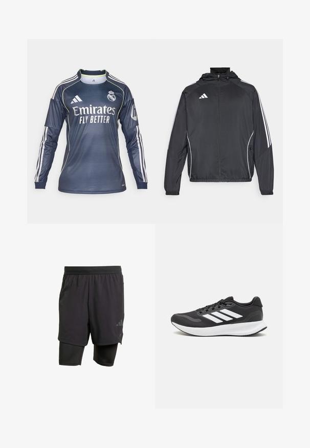 Černá sportovní bunda s kapucí, s bílými pruhy podél rukávů a s předním zipem. Vyrobena z hladkého, lehkého materiálu.; Brankářský dres v tmavě námořnické barvě, s bílými akcenty a žebrovanou texturou. Logo "Emirates Fly Better" na přední straně, tři pruhy na rukávech.; Černé sportovní šortky s integrovanou vnitřní vrstvou, vyrobené z prodyšné tkaniny. Obsahují nenápadné logo a strukturovanou texturu. Nastavitelný pas.; Černá sportovní obuv s prodyšným síťovaným svrškem, bílými akcenty a polstrovanou podrážkou. Na boku se nachází logo se třemi pruhy.