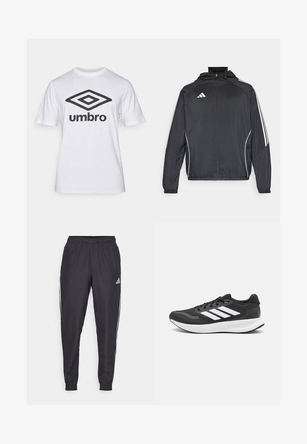 Sort atletisk jakke med hætte, med hvide striber langs ærmerne og lynlås foran. Lavet af et glat, let materiale.; Hvid bomulds t-shirt med et stort sort "Umbro" logo og et diamant grafik på forsiden. Korte ærmer, rund hals, klassisk pasform.; Svarte sportbukser med elastisk talje, med hvide striber langs siderne og et lille logo ved hoften. Glat tekstur.; Sort atletik sko med åndbart mesh-overdel, hvide accenter og en polstret sål. Har tre-stripes logo på siden.