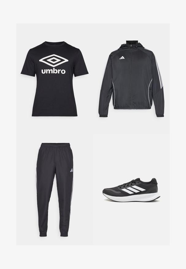 Black athletic jacket with a hood, featuring white stripes along the sleeves and a zippered front. Made from a smooth, lightweight fabric.; Black short-sleeve t-shirt made of cotton, featuring a large white diamond logo and text "umbro" across the front. Classic fit design.; Black athletic pants with an elastic waistband, featuring white stripes along the sides and a small logo on the hip. Smooth texture.; Black athletic shoe with breathable mesh upper, white accents, and a cushioned sole. Features three stripes logo on the side.