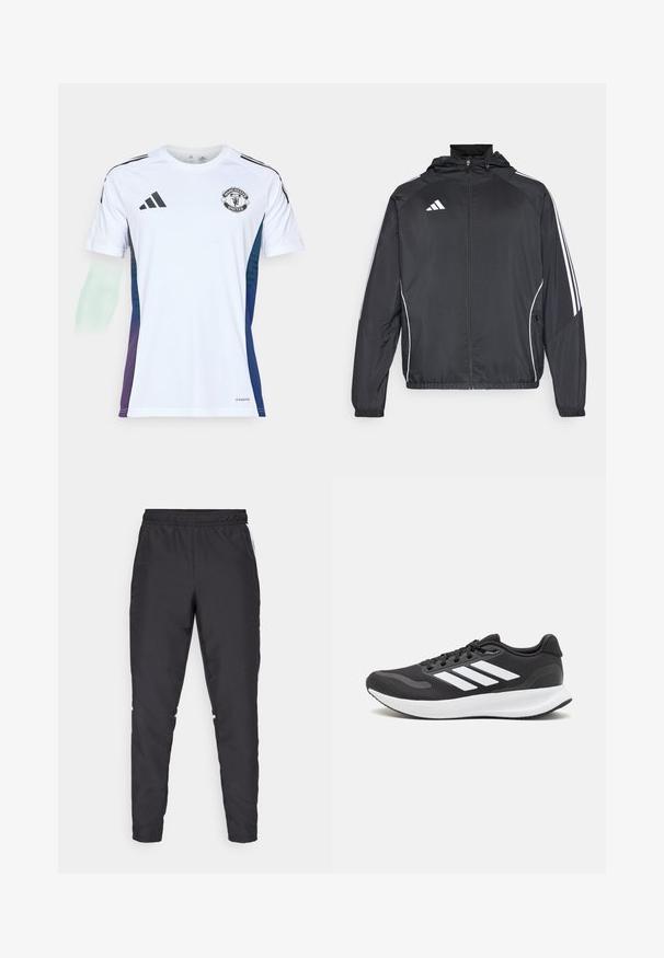 Zwarte sportjack met capuchon, voorzien van witte strepen langs de mouwen en een ritssluiting aan de voorkant. Gemaakt van een gladde, luchtige stof.; Witte sporttrui met zwarte Adidas-strepen, Manchester United-logo op de borst, blauwe tot paarse gradientaccenten aan de zijkanten, gemaakt van lichtgewicht materiaal.; Zwarte sportbroek met een elastische tailleband, taps toelopende benen en witte zijkanten. Gemaakt van synthetisch materiaal met een gladde textuur.; Zwart sportief schoen met ademend mesh bovenwerk, witte accenten en een gevoerde zool. Beschikt over een logo met drie strepen aan de zijkant.