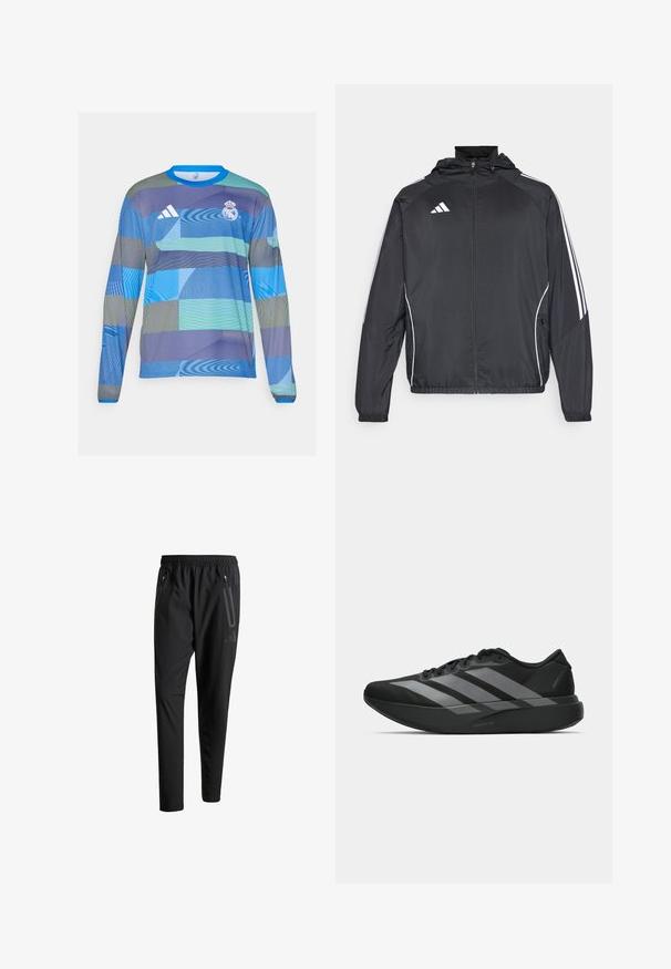 Sort atletisk jakke med hætte, med hvide striber langs ærmerne og lynlås foran. Lavet af et glat, let materiale.; Langærmet sportstrøje med et blåt og grønt geometrisk mønster, lavet af letvægtsstof med ribbet blå krave og Adidas-logo.; Sorte atletiske bukser med elastisk talje, to lynlåslommer på siden, tætsiddende ben og en diskret logo-detalje på hoften.; Sorte atletiske sko med et let design, der har tre fremtrædende grå striber, en glat overflade og en formet sål.