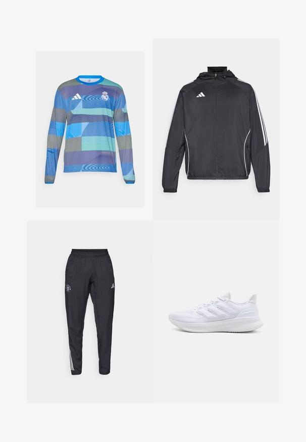 Black athletic jacket with a hood, featuring white stripes along the sleeves and a zippered front. Made from a smooth, lightweight fabric.; Long-sleeve sports jersey featuring a blue and green geometric pattern, made of lightweight fabric with ribbed blue collar and Adidas logo.; Black athletic pants featuring an elastic waistband, embroidered logo on the thigh, and white stripes running down the sides.; White athletic shoes featuring a textured mesh upper, supportive cushioned sole, and three stripe design on the side.