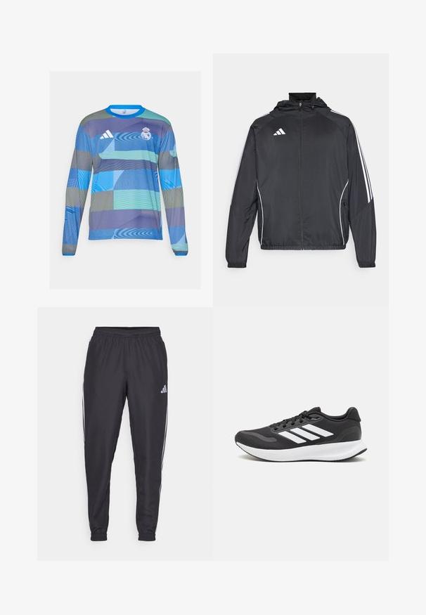 Fekete sportos dzseki kapucnival, fehér csíkokkal az ujjak mentén és cipzáras elülső résszel. Simább, könnyű anyagból készült.; Hosszú ujjú sportmez, kék és zöld geometrikus mintával, könnyű anyagból készült, bordás kék gallérral és Adidas logóval.; Fekete sportnadrág elasztikus derékkal, oldalán fehér csíkokkal és egy apró logóval a csípőn. Sima textúra.; Fekete sportcipő légáteresztő hálós felsőrésszel, fehér kiegészítőkkel és párnázott talppal. Az oldalon három csíkkal ellátott logó található.