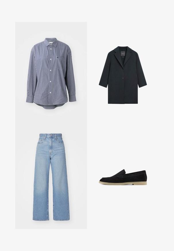 Cappotto di lana grigio scuro con colletto a revenant, due bottoni davanti, maniche di media lunghezza e design dritto. Etichetta visibile all'interno.; Maglietta a righe blu navy e bianca a maniche lunghe con collo classico, taschino frontale e chiusura a bottone. Tessuto morbido con una texture liscia.; Jeans a vita alta blu chiaro con gamba larga, chiusura frontale con bottone e zip, tasche anteriori e posteriori, su uno sfondo bianco.; Mocassini in suede neri con suola piatta beige, caratterizzati da un design cucito e uno stile versatile da indossare facilmente, adatti per l'abbigliamento casual.