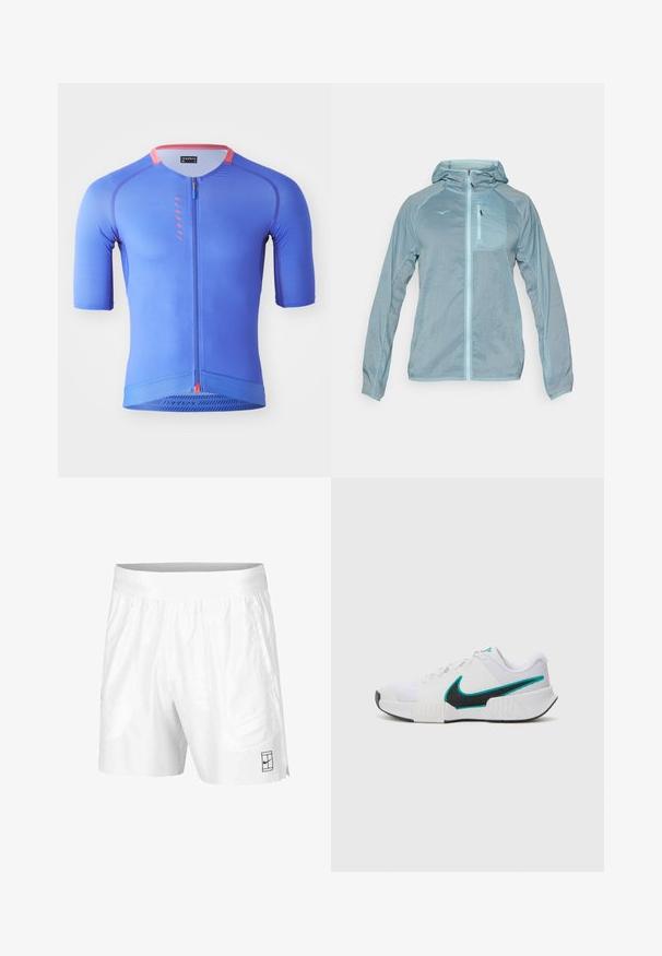 Veste légère bleu clair avec fermeture éclair à l'avant, capuche et poche poitrine zippée. Dotée d'un tissu texturé avec un logo sur la poitrine.; Maillot de cyclisme bleu à manches courtes avec une fermeture éclair à l'avant, tissu texturé et accents roses contrastants sur le col et la fermeture éclair.; Shorts de sport blancs en tissu léger avec une taille élastique, dotés de deux poches latérales et d'un petit logo noir au bas.; Chaussure de sport blanche avec une tige en mesh texturé, semelle en caoutchouc noire et accent en teal sur le logo Nike. Équipée de lacets et d'un col rembourré.