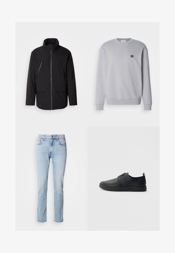 Črna jakna z visokim ovratnikom, polnim zadrgo, dvema žepoma na prsih z zadrgo in dvema sprednjima žepoma z poklopcem; gladka tekstura in sproščen kroj.; Svetlo siva dukserica iz bombažne mešanice. Ima dolge rokave, okroglo ovratnico in mali logotip na prsih. Mehka tekstura.; Svetlo modri traper kavbojki s ravnim krojem, petimi žepi in zadrgo. Imajo subtilno izginjanje in kontrastne šive.; Črne usnjene športne čevlje z gladko površino, okroglo oblikovano nosilo, toniranim šivanjem, vezanjem spredaj in ravnim gumijastim podplatom. Zanko na peti.
