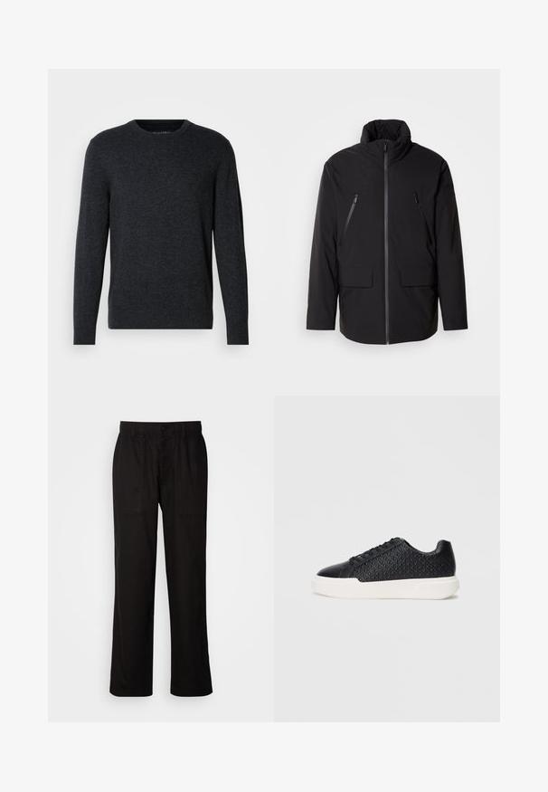 Chaqueta negra con cuello alto, cierre frontal completo, dos bolsillos en el pecho con cremallera y dos bolsillos frontales con solapa; textura suave y corte relajado.; Suéter de punto gris oscuro con mangas largas, cuello redondo, puños y dobladillo acanalados. Textura suave con una variación sutil en el color. Sin patrones distintos.; Pantalones negros con un ajuste relajado, hechos de una tela ligera. Presentan una cintura elástica, cierre de botón y dos bolsillos frontales.; Zapatilla negra con textura geométrica en el costado, punta lisa y suela de goma blanca. Presenta cordones redondos y un diseño de caña baja.