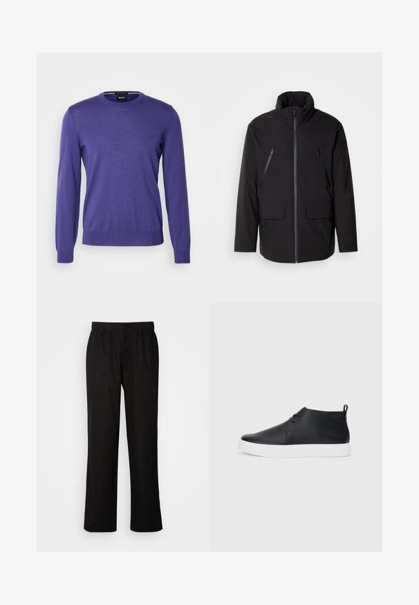 Mustagahega kõrge kaelusega must jope, täispikk tõmblukk, kaks tõmblukuga rinna-taskut ja kaks esist flap-taskut; sile tekstuur ja mugav lõige.; BOSS BOTTO - Džemper - medium purple; Mustad lõdva istuvusega mustad püksid, mis on valmistatud kergest kangast. Omavad elastset vöökohta, nööbiga sulgemist ja kahte esist taskut.; Mustmust mustatooted, millel on sile nahk, valge kummist tald ja lihtne nööridega kinnitamine. Tagaküljel on tõmbeosadega.