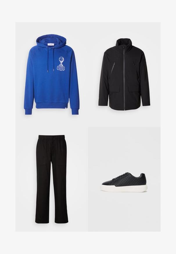 Svart jakke med høy krage, hel frontglidelås, to glidelåslommer på brystet og to lommer med klaff foran; glatt tekstur og avslappet passform.; Blå hettegenser med grafikk av et trofé og basketball foran, med snører og ribbede mansjetter og nederkant. Mykt materiale og avslappet passform.; Svart bukser med avslappet passform, laget av lett stoff. Har elastisk midjebånd, knapplukking og to frontlommer.; Svart sneakers med geometrisk tekstur på siden, glatt tåhette og hvit gummisåle. Har runde snører og lavt snitt.