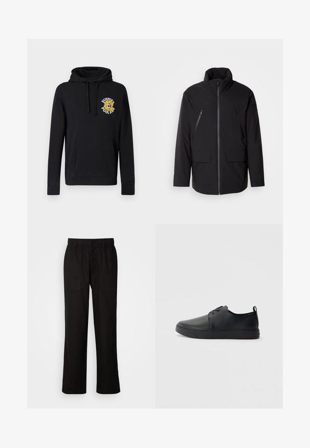 Fekete dzseki magas gallérral, teljes elülső cipzárral, két cipzáras mellzsebbel és két elülső hajtókás zsebbel; sima textúrájú és laza szabású.; Fekete kapucnis pulóver pamutból, elülső zsebbel, húzózsinóros kapucnival és színes, hímzett napraforgó grafikával. Bordázott mandzsettákkal rendelkezik.; Fekete, laza szabású nadrág, könnyű anyagból készült. Rugalmas derékkal, gombos záródással és két elülső zsebbel rendelkezik.; Fekete bőr sportcipő sima felülettel, lekerekített orral, azonos színű varrással, fűzős elülső résszel és lapos gumitalppal. Hurok a sarkán.