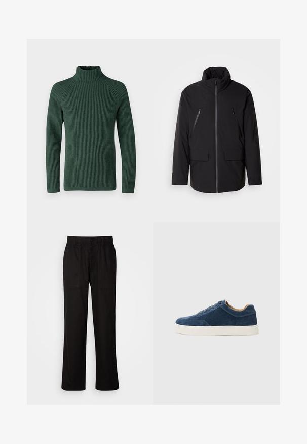 Black jacket with a high collar, full front zipper, two zippered chest pockets, and two front flap pockets; smooth texture and relaxed fit.; DRYKORN ARVID - Jumper - green; Black pants with a relaxed fit, made from lightweight fabric. Features an elastic waistband, button closure, and two front pockets.; Blue suede sneaker with white rubber sole, lace-up design, rounded toe, and contrasting tan interior. Subtle stitching details.