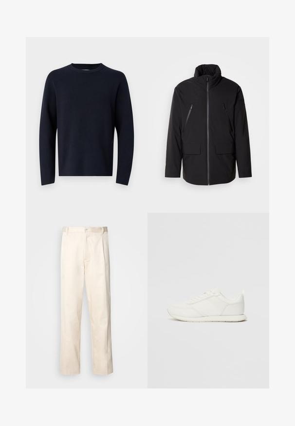 Veste noire avec un col haut, fermeture éclair sur toute la longueur, deux poches poitrine zippées et deux poches à rabat à l'avant ; texture lisse et coupe décontractée.; Pull en bleu marine, col rond, manches longues, fabriqué en tissu doux avec une texture lisse. Design simple, sans motifs ni quincaillerie visibles.; Pantalon en coton beige avec une coupe droite, présentant une fermeture à bouton et des plis sur le devant pour plus de détails.; Sneaker blanche avec une tige en mesh et en synthétique, bout rond, lacets plats et une bande latérale texturée. Semelle en caoutchouc avec une languette à l'arrière.