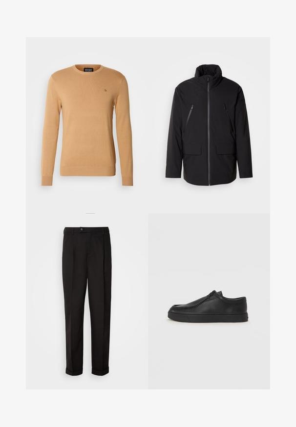 Veste noire avec un col haut, fermeture éclair sur toute la longueur, deux poches poitrine zippées et deux poches à rabat à l'avant ; texture lisse et coupe décontractée.; Pull en beige à col rond en matériau tricoté doux, avec des manches longues et un petit logo brodé sur la poitrine.; Pantalon noir au toucher lisse, avec une coupe droite, deux poches avant et une fermeture à bouton unique à la taille.; Chaussure noire en cuir à enfiler avec un bout arrondi, des détails cousus et une semelle en caoutchouc noire. Texture lisse avec un design minimaliste.