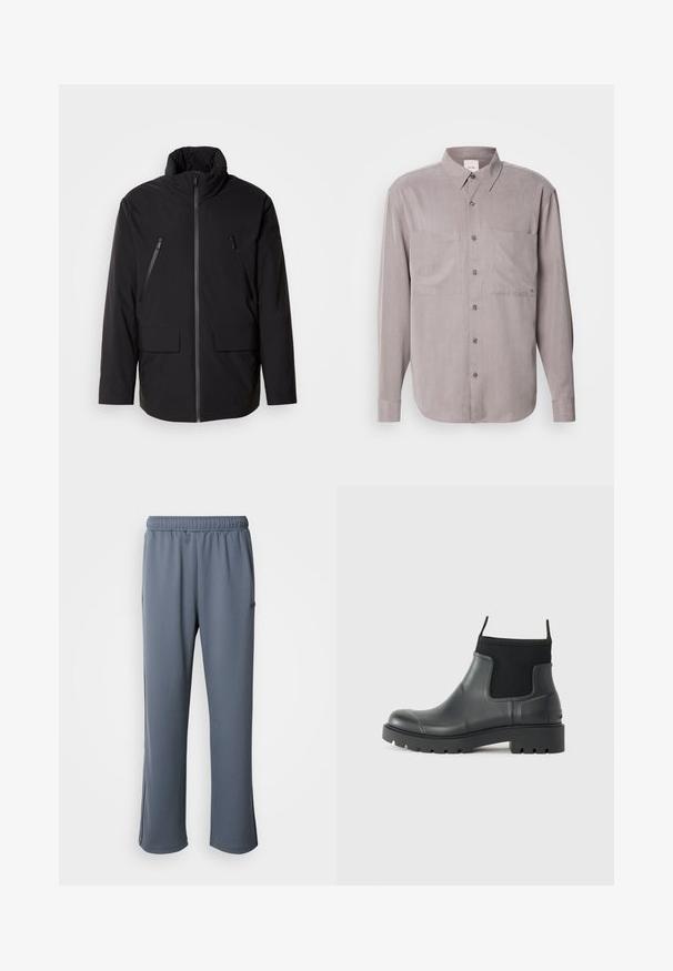 Schwarze Jacke mit hohem Kragen, durchgehendem Reißverschluss, zwei Zipper-Brusttaschen und zwei Frontklapptaschen; glatte Textur und lockere Passform.; Langärmliges Hemd in gedämpftem grauen Stoff, ausgestattet mit zwei Brusttaschen, einem klassischen Kragen und tonalen Knopfverschlüssen.; Grau sweatpants mit einem elastischen Bund, Seitentaschen und einer lockeren Passform. Hergestellt aus weichem Stoff mit einer glatten Textur und ohne sichtbare Muster.; Schwarze Knöchelstiefel aus Gummi mit matter Oberfläche, die ein schlankes Design, elastische Einsätze und eine robuste Sohle für bessere Bodenhaftung bieten.