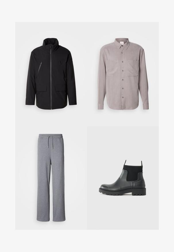 Crna jakna s visokim ovratnikom, punim prednjim patentnim zatvaračem, dva patentna džepa na prsima i dva prednja džepa s preklopom; glatka tekstura i opušteni kroj.; Košulja s dugim rukavima u umirujućoj sivoj tkanini, s dva džepa na prsima, klasičnim ovratnikom i toniranim kopčama.; Sive, široke trenirke izrađene od mekane tkanine; sadrže elastičnu navlaku oko struka s vezicom i nemaju džepove. Jednostavan, neukrašen dizajn.; Crne gležnjače od gume s mat završetkom, koje imaju elegantan dizajn, elastične panele i debeli potplat za bolje prianjanje.