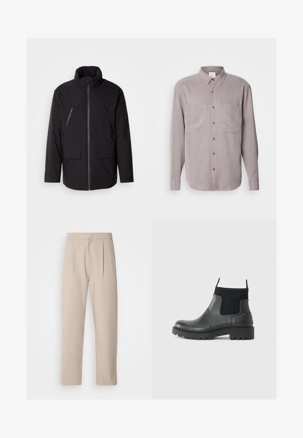 Čierna bunda s vysokým golierom, plný predný zips, dve zipsové vrecká na hrudi a dve predné vrecká s klopou; hladká textúra a uvoľnený strih.; Dlhý rukáv košele s gombíkmi vo matnej šedej látke, ktorá má dve náprsné vrecká, klasický golier a gombíky v rovnakej farbe.; Bežové, skladané nohavice vyrobené z mäkkého materiálu. Majú elastický pás, rovné nohy a hladkú textúru. Bez vreciek alebo akcentov.; Čierne členkové topánky vyrobené z gumy s matným povrchom, s elegantným dizajnom, elastickými panelmi a hrubou podrážkou pre lepšiu trakciu.