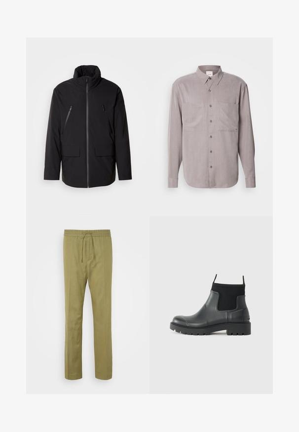 Giubbotto nero con colletto alto, zip frontale completa, due tasche sul petto con zip e due tasche frontali con pattina; texture liscia e vestibilità comoda.; Camicia a maniche lunghe con bottoni in tessuto grigio tenue, dotata di due tasche sul petto, colletto classico e chiusure a bottoni tonali.; Pantaloni di un verde oliva chiaro realizzati in un tessuto morbido e leggero. Caratterizzati da una vita elastica con cordoncino e gambe dritte.; Stivaletti neri alla caviglia in gomma con finitura opaca, dotati di un design elegante, pannelli elastici e una suola spessa per una migliore aderenza.