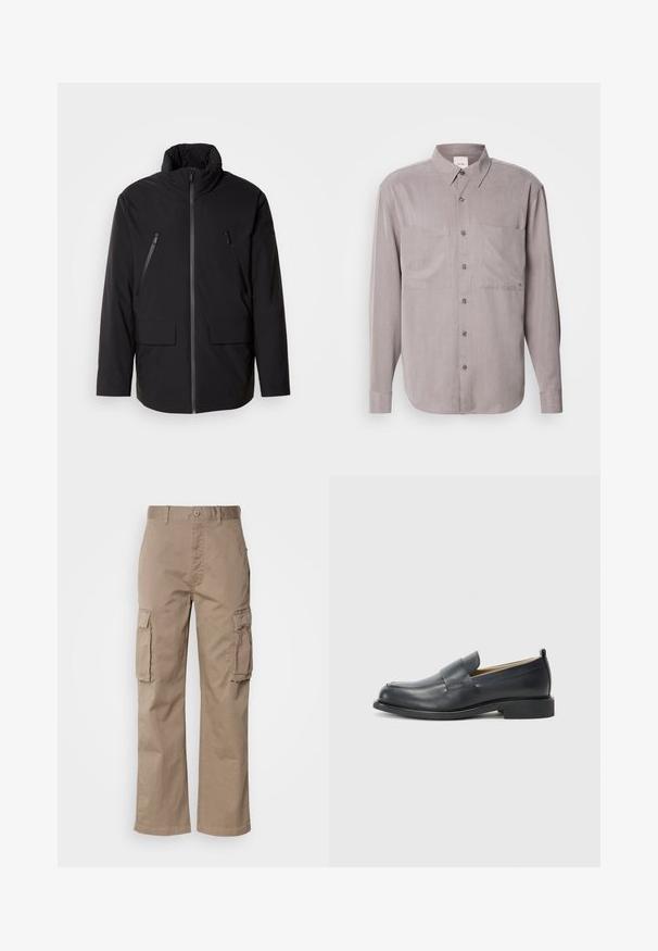 Casaco preto com gola alta, fecho frontal com zíper, dois bolsos no peito com zíper e dois bolsos frontais com aba; textura suave e corte descontraído.; Camisa de botão de manga longa em tecido cinza suave, com dois bolsos no peito, collar clássico e fechos de botão em tom semelhante.; Calças cargo bege em algodão, com um corte descontraído, apresentando dois bolsos laterais e fecho de botão na cintura.; Mocassins de couro pretos com um acabamento suave, sola plana e bico arredondado, com uma tira decorativa atravessando a parte superior.