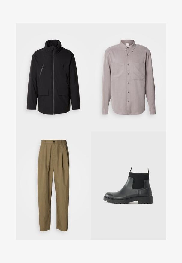 Musta takki korkealla kauluksella, täysivetoketju edessä, kaksi vetoketjullista rintataskua ja kaksi etutaskua läpällä; sileä pinta ja rento istuvuus.; Pitkähihoinen napillinen paita hillityssä harmaassa kankaassa, jossa on kaksi rintataskua, klassinen kaulus ja sävy sävyyn napit.; Housut suoranlahkeiset, khakin väriset, joissa on laskoksia, vyölenkit ja yksi musta nappi vyötäröllä, esillä valkoisella taustalla.; Mustat nilkkurit, jotka on valmistettu kumista ja joissa on matta pinta, tyylikkäällä muotoilulla, joustavilla paneeleilla ja paksulla pohjalla paremman pidon takaamiseksi.