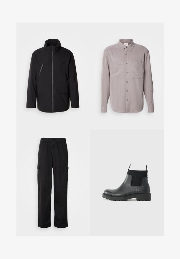 Juodas švarkas su aukštu apykakle, pilnu priekyje esančiu užtrauktuku, dviem užtrauktukais uždaromomis krūtinės kišenėmis ir dviem priekinėmis kišenėmis su užklotais; lygus audinys ir laisvas kirpimas.; Ilga rankovė mygtukų marškiniai iš nuslopinto pilko audinio, turintys dvi krūtinės kišenes, klasikį apykaklę ir toninius mygtukų užsegimus.; Juodos krovinių kelnės su elastinga juostele, dviem šoniniais kišenėmis ir minkšta, lengva medžiaga. Yra tiesaus kirpimo ir minimalistiško dizaino.; Juodos gumos aulinukai iki kulkšnies, matinio paviršiaus, su dailiu dizainu, elastingomis detalėmis ir stambiu padu, užtikrinančiu sukibimą.