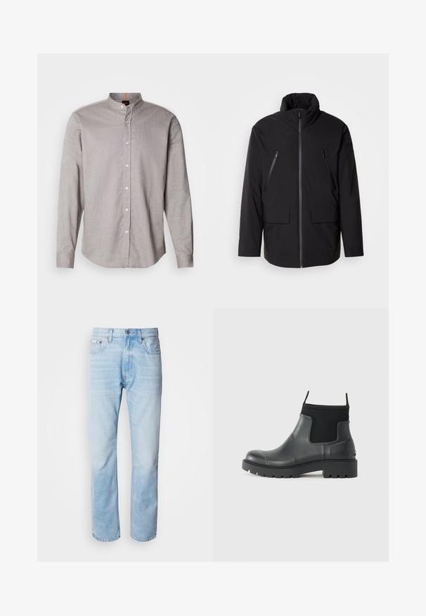 Fekete dzseki magas gallérral, teljes elülső cipzárral, két cipzáras mellzsebbel és két elülső hajtókás zsebbel; sima textúrájú és laza szabású.; Világosszürke, hosszú ujjú ing, álló gallérral, gombos elülső része és sima textúrája van. Fehér gombokkal és ívelt alsó részzel rendelkezik.; Világoskék farmernadrág egyenes fazonnal, kopott részletekkel, öt zsebes kialakítással és klasszikus gombos zipzárral.; Fekete, matt felületű, gumiból készült bokacsizmák, amelyek letisztult dizájnnal, rugalmas panelekével és vastag talppal rendelkeznek a tapadás érdekében.