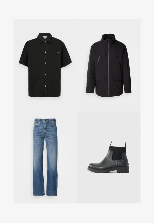 Čierna bunda s vysokým golierom, plný predný zips, dve zipsové vrecká na hrudi a dve predné vrecká s klopou; hladká textúra a uvoľnený strih.; Čierna polokošeľa s krátkym rukávom, vyrobená z bavlny, s predným zapínaním na gombíky, jedným vreckom na hrudi a malým logom blízko vrecka.; Modré džíny z denimoviny so strihaním rovného nohavice, vysokým pásom a jemným vyblednutím. Obsahujú zapínanie na gombík a zips a klasický dizajn s piatimi vreckami.; Čierne členkové topánky vyrobené z gumy s matným povrchom, s elegantným dizajnom, elastickými panelmi a hrubou podrážkou pre lepšiu trakciu.