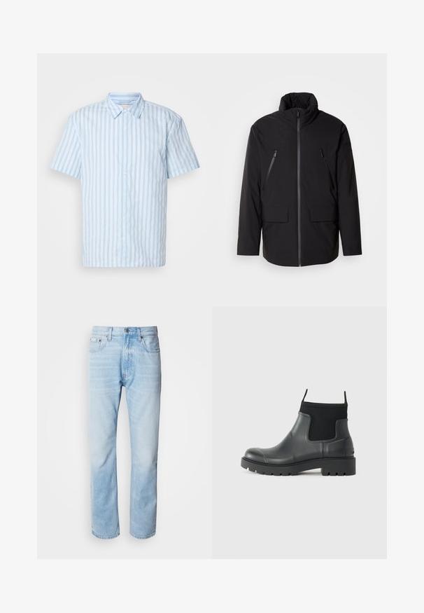 Zwarte jas met hoge kraag, volledige ritssluiting, twee ritszakken op de borst en twee voorzakken met klep; gladde textuur en ontspannen pasvorm.; Korte mouwen overhemd met knoopsluiting in lichtblauwe stof met verticale strepen. Heeft een puntige kraag en witte knopen aan de voorkant.; Lichtblauwe denim jeans met een rechte pijp, met vervaagde delen, vijf-pocket ontwerp en een klassieke knoopsluiting.; Zwarte enkelboots van rubber met een matte afwerking, voorzien van een slank ontwerp, elastische panelen en een chunky zool voor grip.