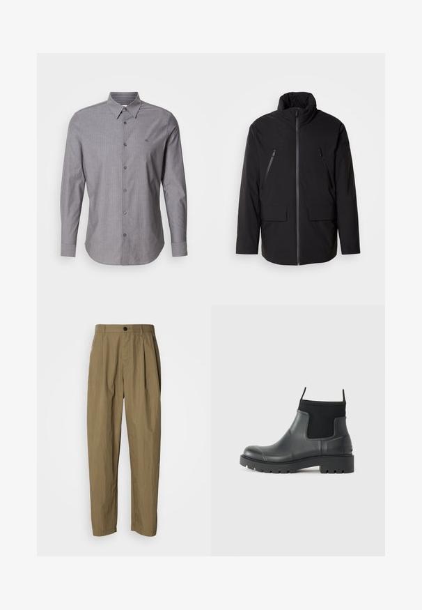 Fekete dzseki magas gallérral, teljes elülső cipzárral, két cipzáras mellzsebbel és két elülső hajtókás zsebbel; sima textúrájú és laza szabású.; Szürke csíkos, hosszú ujjú pamut ing, gombos gallérral és logóval a bal mellen. Slim fit fazon.; Khaki színű, egyenes szabású nadrág, plisszékkel, övcsatokkal és egyetlen fekete gombbal a deréknál, fehér háttér előtt.; Fekete, matt felületű, gumiból készült bokacsizmák, amelyek letisztult dizájnnal, rugalmas panelekével és vastag talppal rendelkeznek a tapadás érdekében.