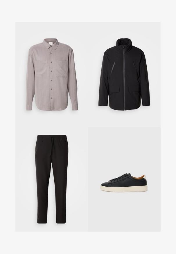 Czarna kurtka z wysokim kołnierzem, z pełnym zapięciem na suwak, dwiema kieszeniami na suwak na piersiach oraz dwiema kieszeniami z klapą z przodu; gładka struktura i luźny krój.; Koszula z długim rękawem zapinana na guziki w stonowanym szarym kolorze, z dwoma kieszeniami na piersiach, klasycznym kołnierzykiem i guzikiem w tym samym odcieniu.; Czarne spodnie dresowe wykonane z gładkiego materiału. Posiadają elastyczny pas ze sznurkiem, zwężane nogawki oraz brak widocznych kieszeni. Prosty design.; Czarne skórzane trampki o gładkiej fakturze, jasnobrązowa gumowa podeszwa, sznurowana konstrukcja i kontrastujący akcent na pięcie.