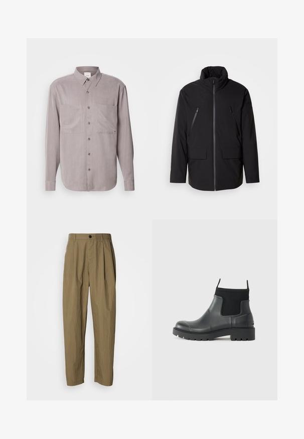 Fekete dzseki magas gallérral, teljes elülső cipzárral, két cipzáras mellzsebbel és két elülső hajtókás zsebbel; sima textúrájú és laza szabású.; Hosszú ujjú, gombos ing, tompa szürke anyagból, két mellzsebbel, klasszikus gallérral és azonos színű gombzárakkal.; Khaki színű, egyenes szabású nadrág, plisszékkel, övcsatokkal és egyetlen fekete gombbal a deréknál, fehér háttér előtt.; Fekete, matt felületű, gumiból készült bokacsizmák, amelyek letisztult dizájnnal, rugalmas panelekével és vastag talppal rendelkeznek a tapadás érdekében.