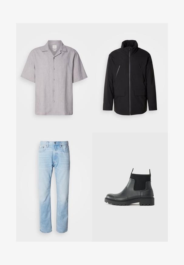 Schwarze Jacke mit hohem Kragen, durchgehendem Reißverschluss, zwei Zipper-Brusttaschen und zwei Frontklapptaschen; glatte Textur und lockere Passform.; Kurzärmliges, hellgraues Leinenhemd mit einem Reverskragen, fünf Knöpfen auf der Vorderseite und einem glatten, strukturierten Stoff.; Hellblaue Jeans aus Denim mit geradem Schnitt, die verblasste Abschnitte, ein Fünf-Taschen-Design und einen klassischen Knopfverschluss aufweisen.; Schwarze Knöchelstiefel aus Gummi mit matter Oberfläche, die ein schlankes Design, elastische Einsätze und eine robuste Sohle für bessere Bodenhaftung bieten.