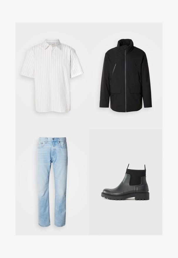 Mustagahega kõrge kaelusega must jope, täispikk tõmblukk, kaks tõmblukuga rinna-taskut ja kaks esist flap-taskut; sile tekstuur ja mugav lõige.; Lühikeste varrukatega valge särk, millel on õhukesed vertikaalsed pruuni triibud, nööbiga disain ja klassikaline krae. Kude näeb välja sile ja kerge.; Heledad sinine denimhääl, sirge sääre lõikega, millel on pleekinud osad, viie tasku disain ja klassikaline nööbivärk.; Mustad mustadest kummist ankle'ide saapad, millel on matt viimistlus, sujuv disain, elastsed paneelid ja paks tald, mis tagab haarduvuse.