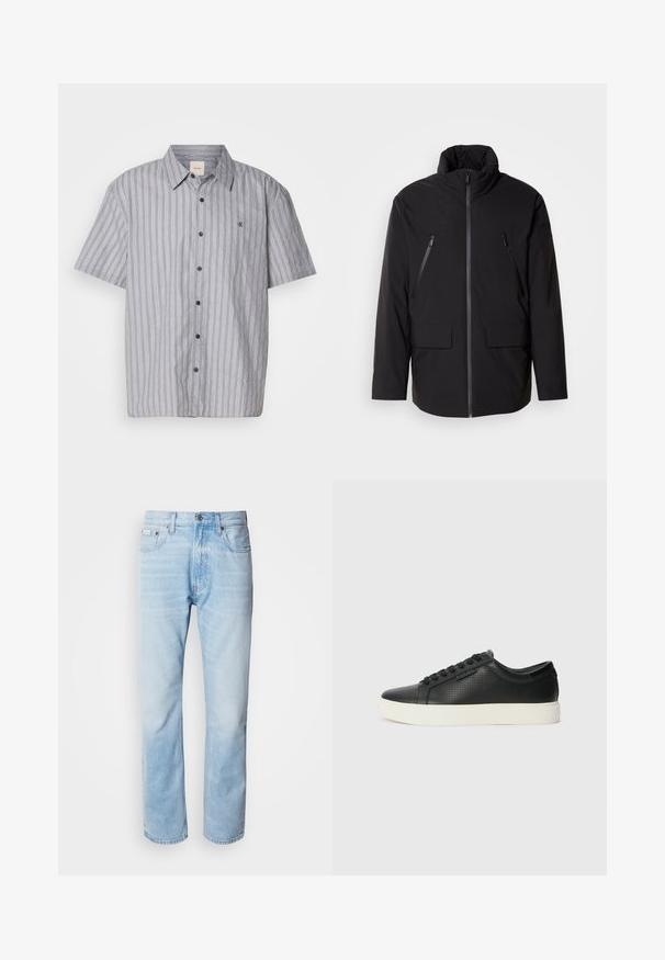 Svart jacka med hög krage, fullständig framdragkedja, två fickor på bröstet med dragkedja och två framfickor med klaff; slät textur och avslappnad passform.; Kortärmad, knäppt skjorta i lätt tyg med blå och vita vertikala ränder. Har en klassisk krage och bröstficka.; Ljusblå denimjeans med rak benprofil, som har blekta sektioner, femficksdesign och en klassisk knäppning.; Svarta lädersneakers med perforerad textur, rund tå och platt vit gummisula. Har svarta snören och en diskret logotyp på sidan.