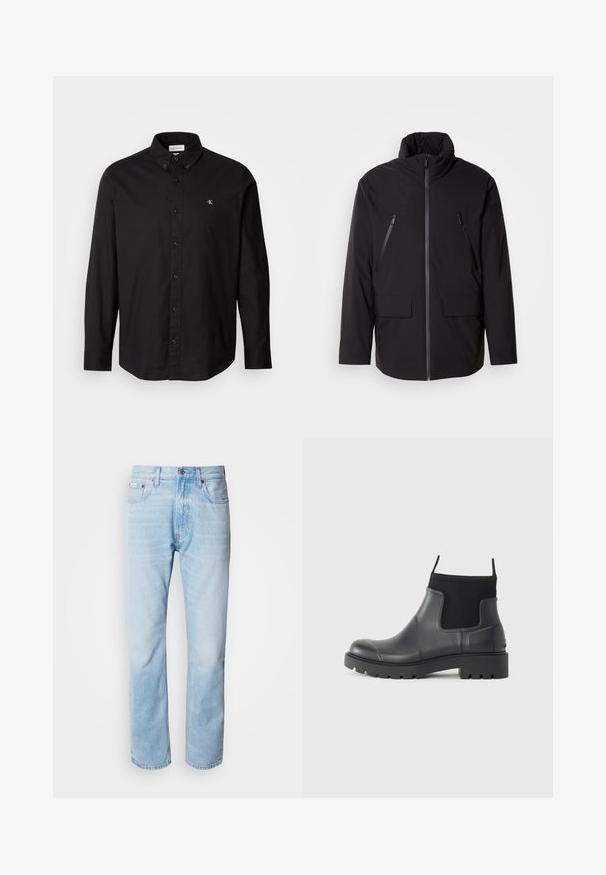 Fekete dzseki magas gallérral, teljes elülső cipzárral, két cipzáras mellzsebbel és két elülső hajtókás zsebbel; sima textúrájú és laza szabású.; Fekete gombos ing, pamutból készült, klasszikus gallérral, hosszú ujjakkal és egy kisebb CK logóval a bal mellen.; Világoskék farmernadrág egyenes fazonnal, kopott részletekkel, öt zsebes kialakítással és klasszikus gombos zipzárral.; Fekete, matt felületű, gumiból készült bokacsizmák, amelyek letisztult dizájnnal, rugalmas panelekével és vastag talppal rendelkeznek a tapadás érdekében.