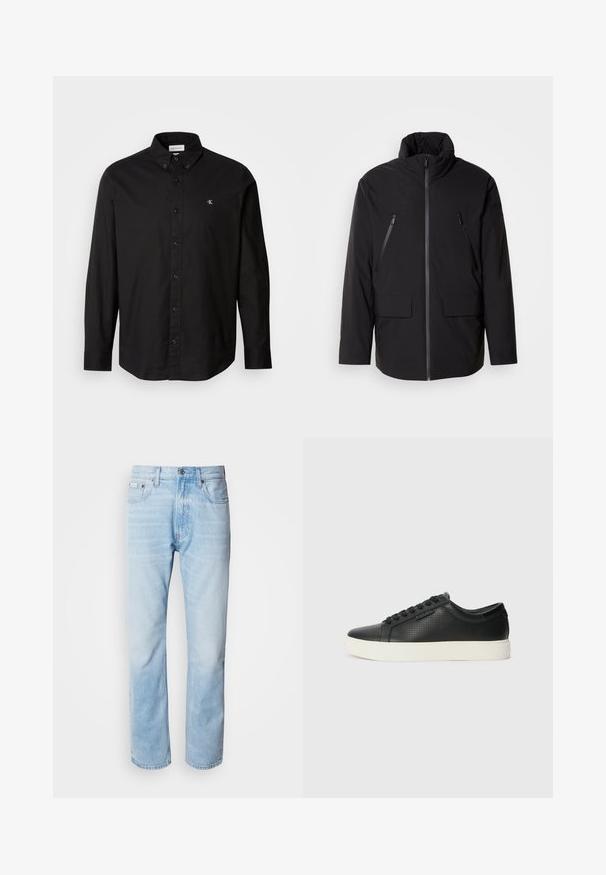 Jachetă neagră cu guler înalt, fermoar frontal complet, două buzunare pe piept cu fermoar și două buzunare laterale cu clapă; textură netedă și croială lejeră.; Cămașă neagră cu butoni, confecționată din bumbac, cu guler clasic, mâneci lungi și un mic logo CK pe pieptul stâng.; Jeans din denim de culoare bleu deschis, cu croială dreaptă, prezentând secțiuni decolorate, design cu cinci buzunare și un sistem clasic de închidere cu buton.; Adidași din piele neagră cu textură perforată, vârf rotund și talpă plată din cauciuc alb. Au șireturi negre și un logo subtil pe lateral.