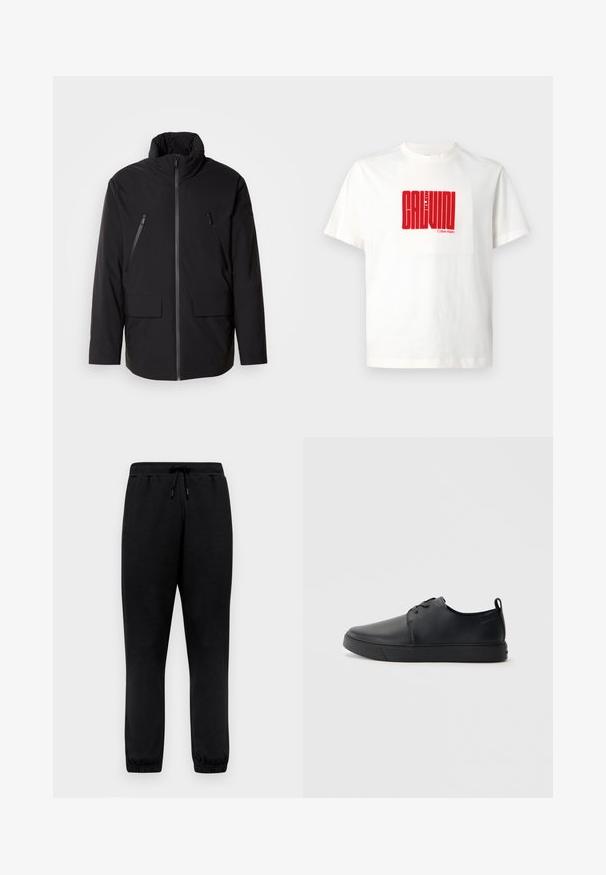 Čierna bunda s vysokým golierom, plný predný zips, dve zipsové vrecká na hrudi a dve predné vrecká s klopou; hladká textúra a uvoľnený strih.; Biely bavlnený tričko s veľkým červeným grafickým potlačou "CALVIN KLEIN" na prednej strane, s okrúhlym výstrihom a krátkymi rukávmi.; Čierne joggerské nohavice vyrobené z mäkkého materiálu, s elastickým pásom, nastaviteľnou šnúrkou a zúženými manžetami na členkoch.; Čierne kožené tenisky s hladkým povrchom, zaoblenou špičkou, tonálnym šitím, šnurovaním vpredu a plochou gumovou podrážkou. Obojok na päte.