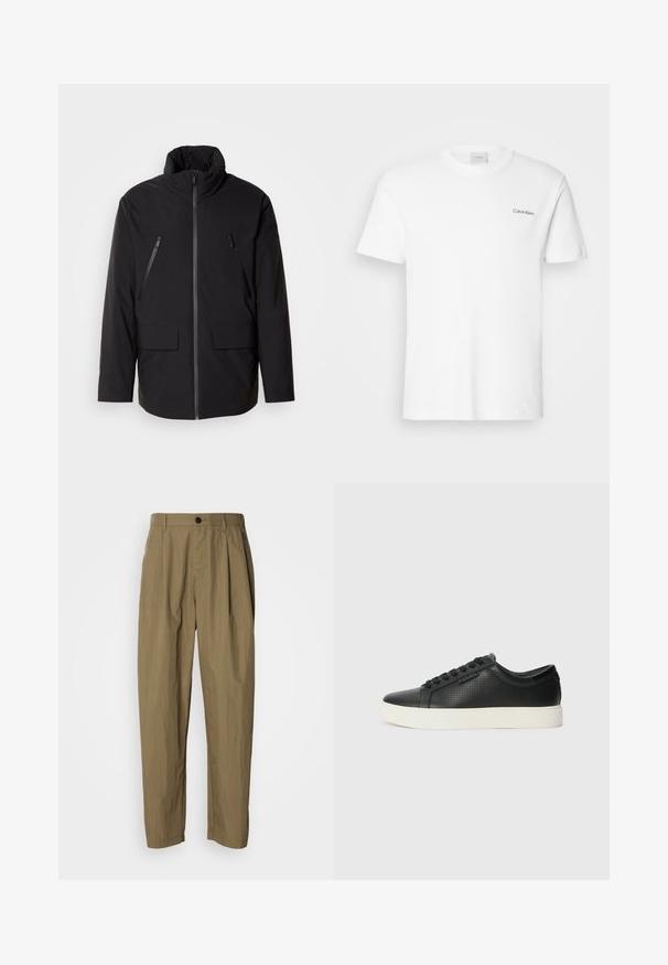 Čierna bunda s vysokým golierom, plný predný zips, dve zipsové vrecká na hrudi a dve predné vrecká s klopou; hladká textúra a uvoľnený strih.; Biela bavlnená tričko s krátkymi rukávmi a okrúhlym výstrihom. Na ľavej strane hrude sa nachádza malé čierne logo "Calvin Klein".; Khaki farbu rovné nohavice s záhybmi, pútkami na opasok a jedným čiernym gombíkom v páse, vystavené na bielom pozadí.; Čierne kožené tenisky s perforovanou textúrou, okrúlym špičkou a plochou bielou gumovou podrážkou. Obsahujú čierne šnúrky a diskrétny logo na boku.