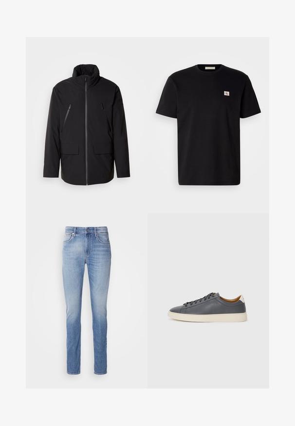 Musta takki korkealla kauluksella, täysivetoketju edessä, kaksi vetoketjullista rintataskua ja kaksi etutaskua läpällä; sileä pinta ja rento istuvuus.; Musta puuvillapaita lyhyillä hihoilla, pyöreällä kauluksella ja pienellä kirjailulla vasemmassa rinnassa. Sujuva pinta, normaali malli.; Vaaleansiniset farkut suoranlahkeisella leikkauksella, jossa on keskikorkea vyötärö, viisi taskua ja hienovarainen haalistuminen kankaan pinnalla.; Harmaa nahkakengät, joissa on pyöreä kärki, kumipohja, litteät nauhat ja vaaleat yksityiskohdat kannassa. Sileä pinta ja minimalistinen muotoilu.