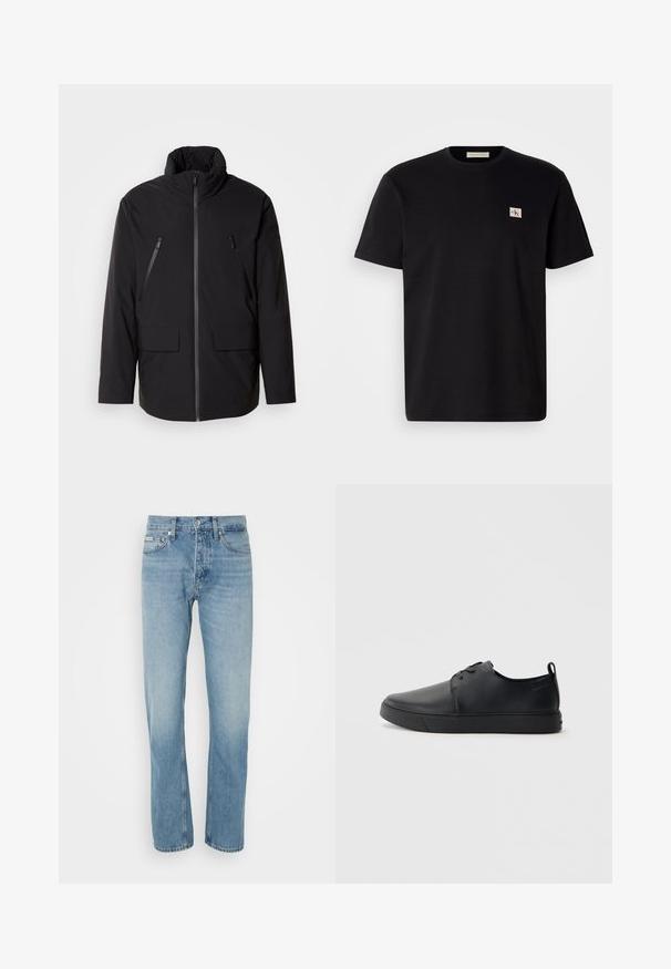 Casaco preto com gola alta, fecho frontal com zíper, dois bolsos no peito com zíper e dois bolsos frontais com aba; textura suave e corte descontraído.; T-shirt de algodão preto com mangas curtas, gola redonda e um pequeno logotipo bordado no lado esquerdo do peito. Textura suave, corte regular.; Jeans de ganga azul claro com um design de perna reta, cinco bolsos e um fecho de botão e zipper. Apresenta desvanecimentos subtil e detalhes cosidos.; Sapatilha de couro preta com um acabamento liso, bico arredondado, costura ton sur ton, frente com atacadores e sola plana de borracha. Alça no calcanhar.