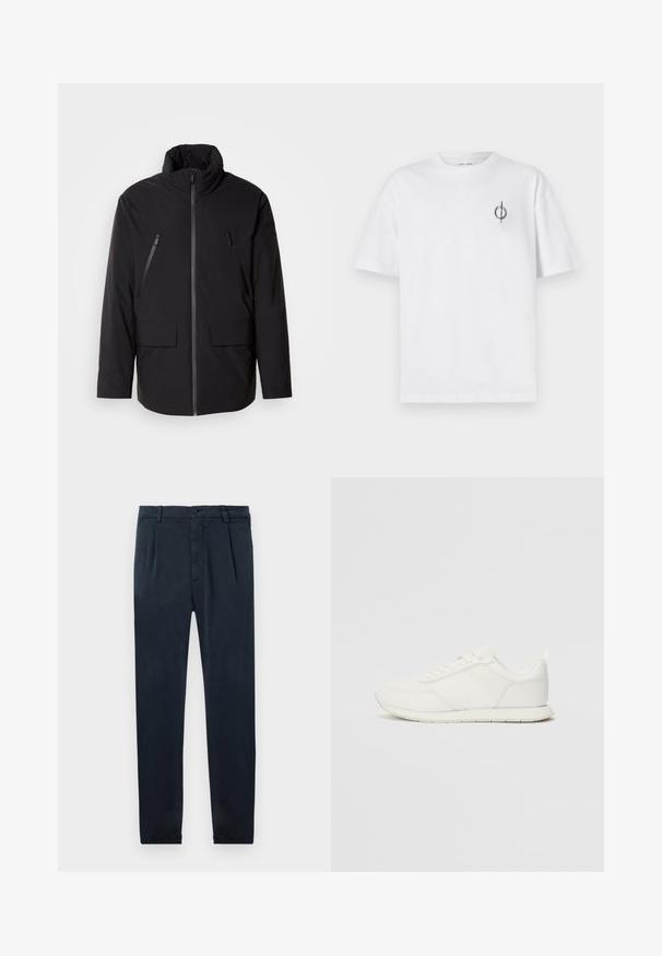 Črna jakna z visokim ovratnikom, polnim zadrgo, dvema žepoma na prsih z zadrgo in dvema sprednjima žepoma z poklopcem; gladka tekstura in sproščen kroj.; Bela bombažna majica s sproščenim krojem, ki ima majhen črn grafični logotip na levem prsnem delu. Kratke rokave, okrogel izrez.; Temno modri hlače iz mehke tkanine, s sleek dizajnom, žepi in gumbom za zapiranje. Gladka textura s oprijetim krojem.; Bela tenisa z mrežasto in sintetično zgornjo plastjo, okroglo oblikovano prstno območje, ravne vezalke in teksturirana stranska črta. Gumijast podplat z zanko na hrbtni strani.