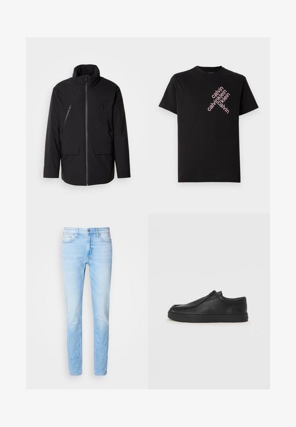 Casaco preto com gola alta, fecho frontal com zíper, dois bolsos no peito com zíper e dois bolsos frontais com aba; textura suave e corte descontraído.; T-shirt preto em algodão com impressão diagonal do logotipo "calvin klein" em rosa na parte frontal. Mangas curtas e decote redondo.; Jeans de ganga azul claro com corte reto, design de cinco bolsos, fecho de botão e um leve desbotado. Detalhes de costura clássica ao longo das costuras.; Sapata slip-on de couro preto com biqueira arredondada, detalhes cosidos e sola de borracha preta. Textura suave com design minimalista.