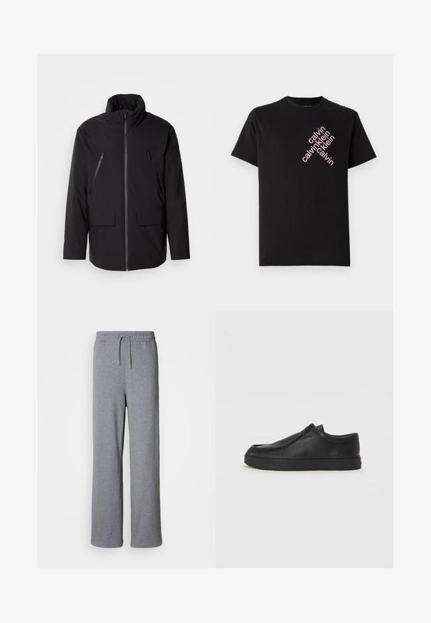 Schwarze Jacke mit hohem Kragen, durchgehendem Reißverschluss, zwei Zipper-Brusttaschen und zwei Frontklapptaschen; glatte Textur und lockere Passform.; Schwarzes Baumwoll-T-Shirt mit einem diagonalen pinken "calvin klein" Logo-Druck auf der Vorderseite. Kurze Ärmel und runder Ausschnitt.; Graue, weit geschnittene Sweatpants aus weichem Material; verfügen über einen elastischen Bund mit Kordelzug und keine Taschen. Einfaches, unauffälliges Design.; Schwarze Leder-Schlupfschuhe mit runder Zehenform, genähten Details und schwarzer Gummisohle. Glatte Textur mit minimalistischem Design.